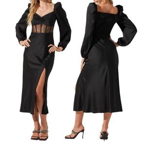 ASTR The Label Gianna Mesh Long Sleeve Black Dress With Slit Size S